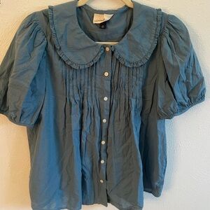 Blue Button-Up Blouse with Peter Pan Collar